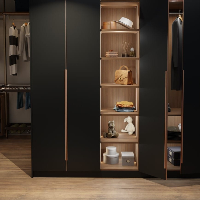 Premium walk-in wardrobe with lit shelving and soft-close fittings