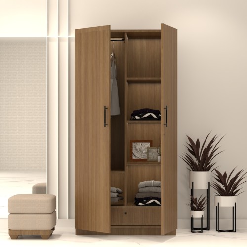 Wardrobe fitted with soft-close hardware and pull-out organisers
